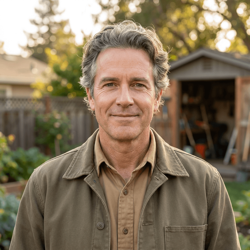 Male homeowner in his 50s, White, calm grateful expression
