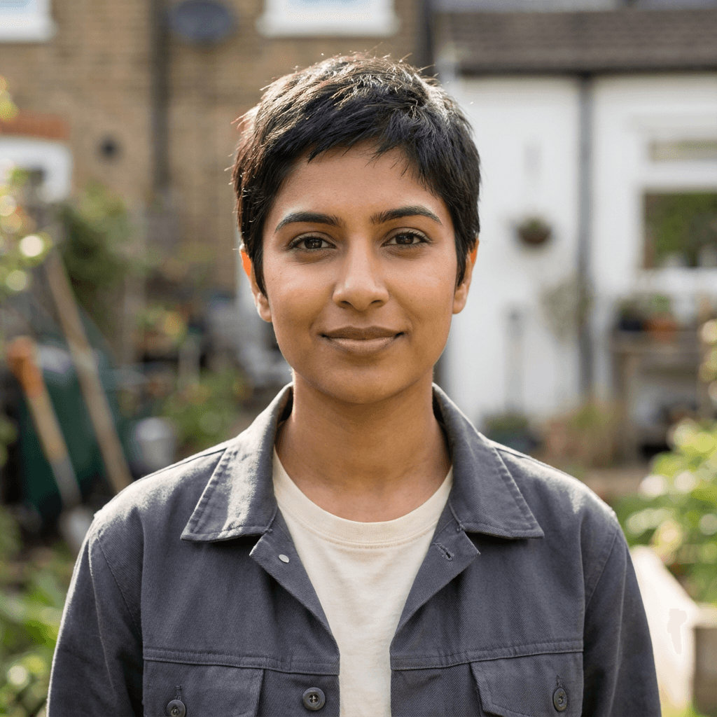 Priya Patel smiling in her renovated kitchen