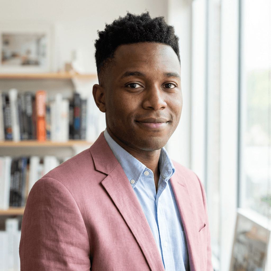 Male retail store owner in his 30s, Black, professional approachable demeanor