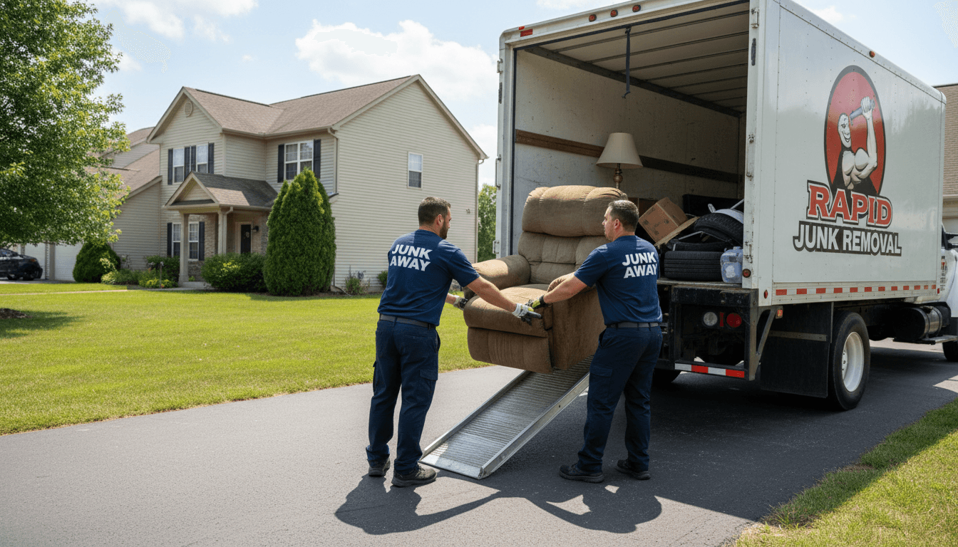 Junk removal worker loading a couch into a truck