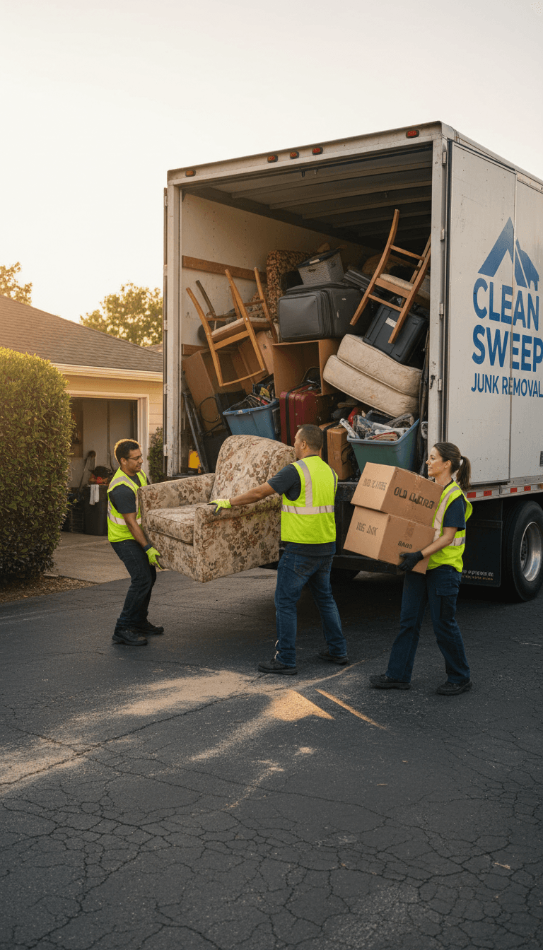 Junk removal workers loading old furniture onto a truck