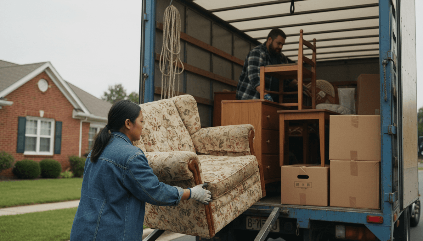 Junk removal worker loading items onto a truck