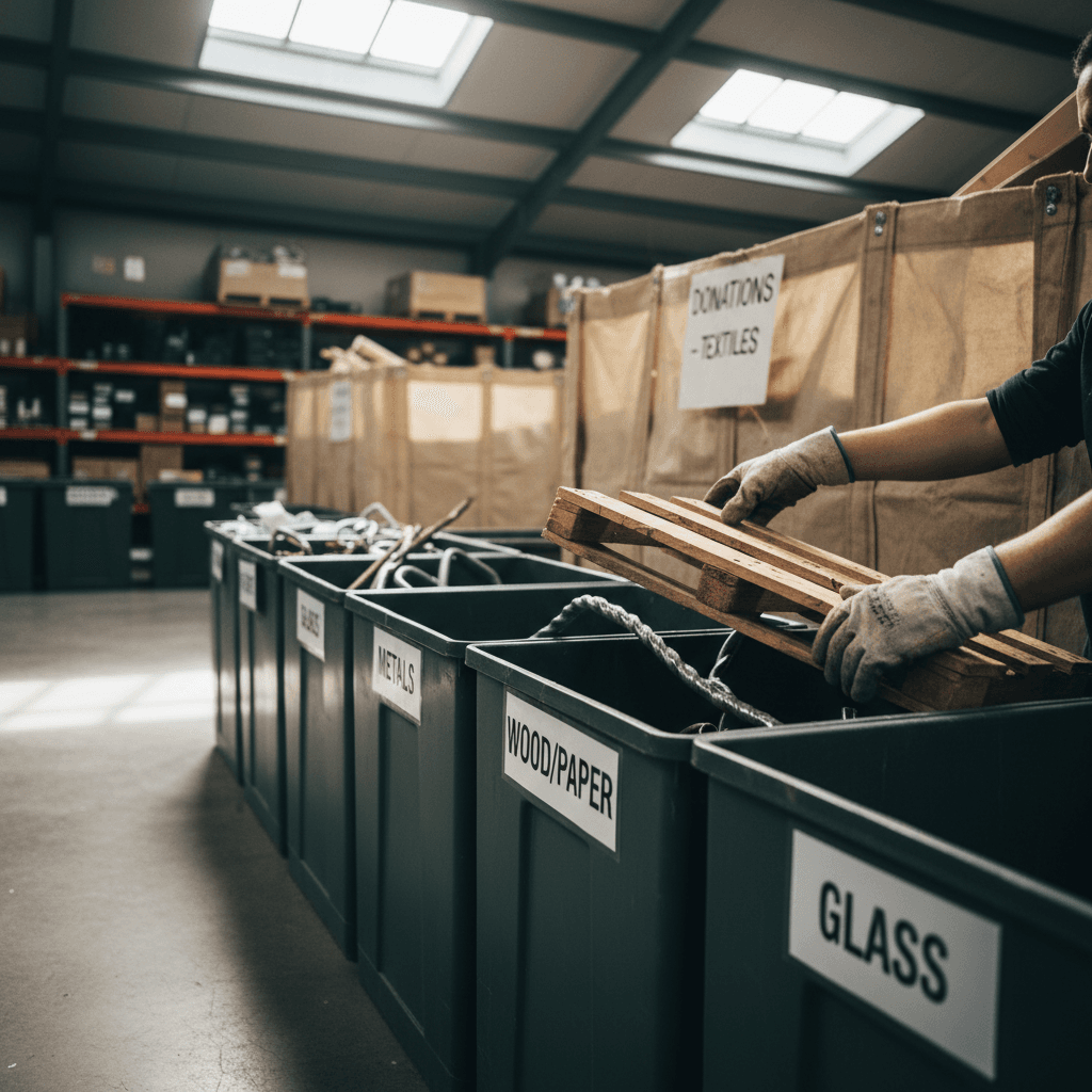 Worker sorting items into labeled donation and recycling bins at a loading dock