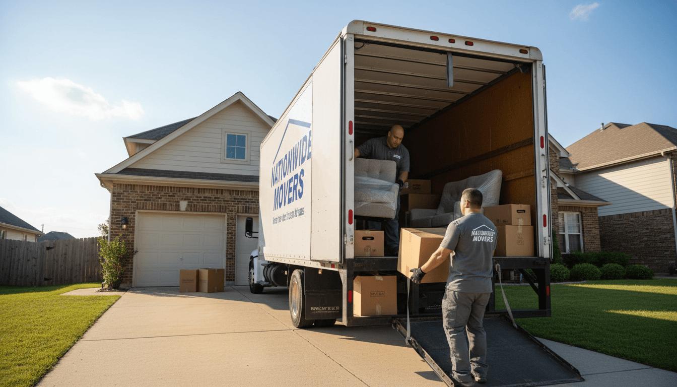 Worker checking the time beside a loaded truck in a residential driveway
