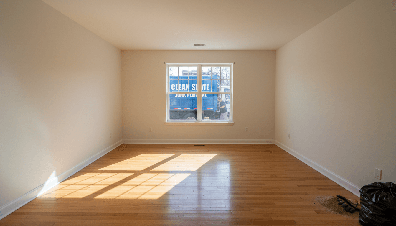 Empty room after a full cleanout with a swept floor and bright natural light